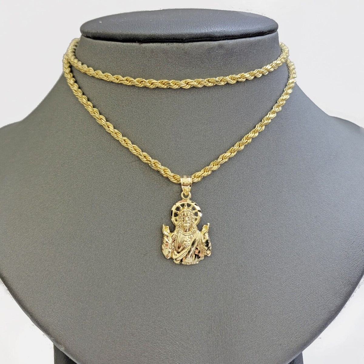 REAL 10k Gold & Diamond Lion Head Charm 3mm Rope Chain 24 Inch Men's W