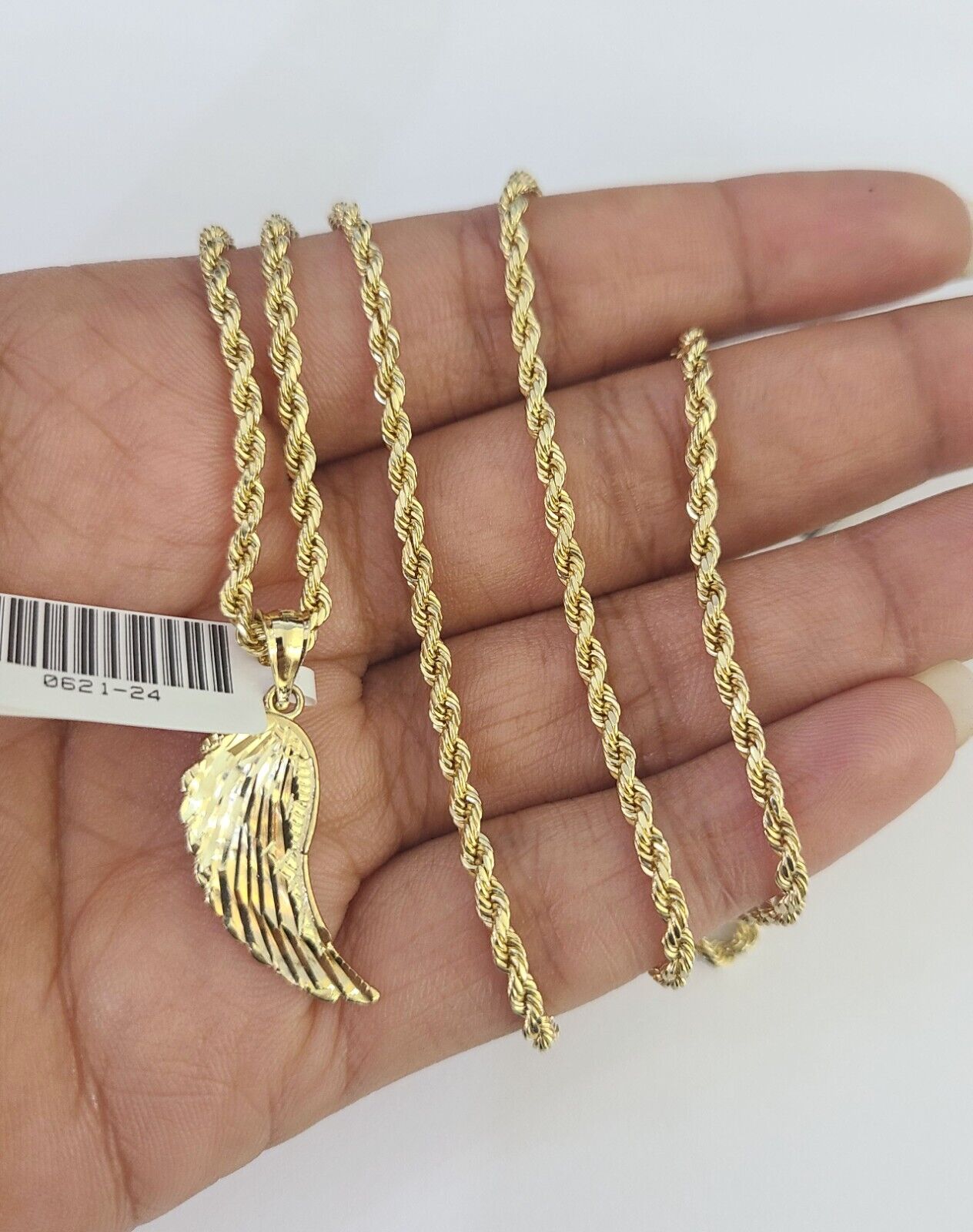 10k 2.5mm Rope Chain Angel Wings Pendant 18" - 30" Yellow Gold Set Charm Necklace - GoldenlinQ