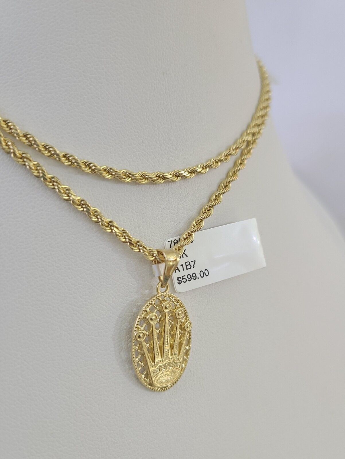 10k 2.5mm Rope Chain Crown Pendant 18" - 30" Yellow Gold Set Charm Necklace - GoldenlinQ