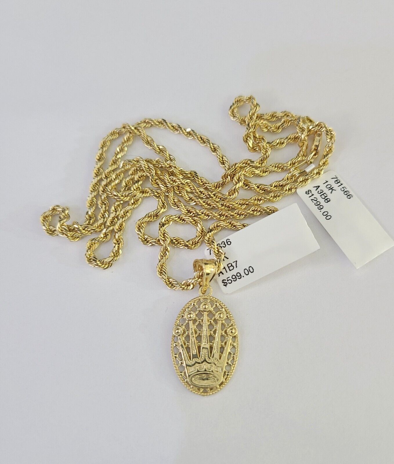 10k 2.5mm Rope Chain Crown Pendant 18" - 30" Yellow Gold Set Charm Necklace - GoldenlinQ