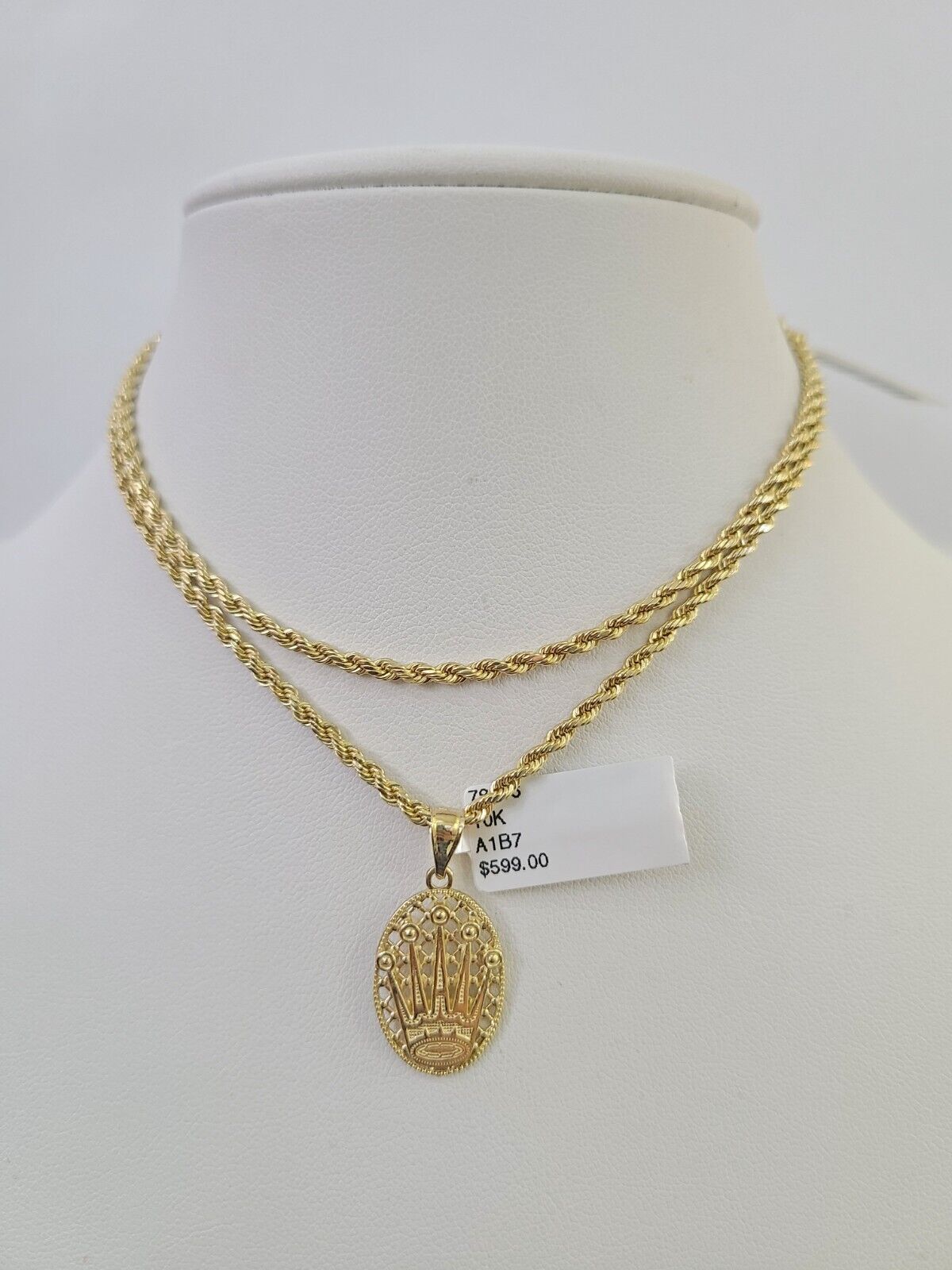 10k 2.5mm Rope Chain Crown Pendant 18" - 30" Yellow Gold Set Charm Necklace - GoldenlinQ