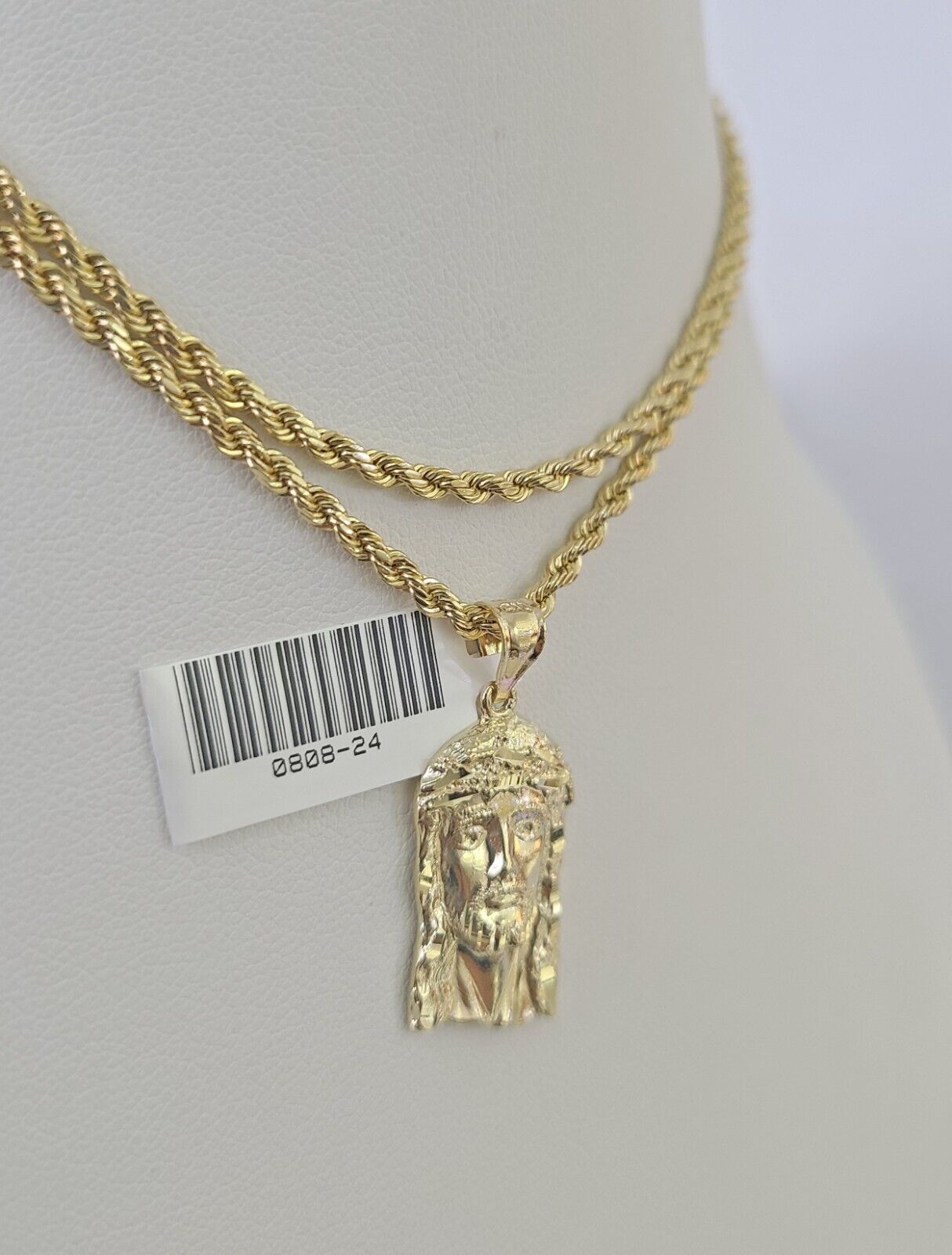 10k 2.5mm Rope Chain Jesus Head Pendant 18" - 30" Yellow Gold Set Charm Necklace - GoldenlinQ