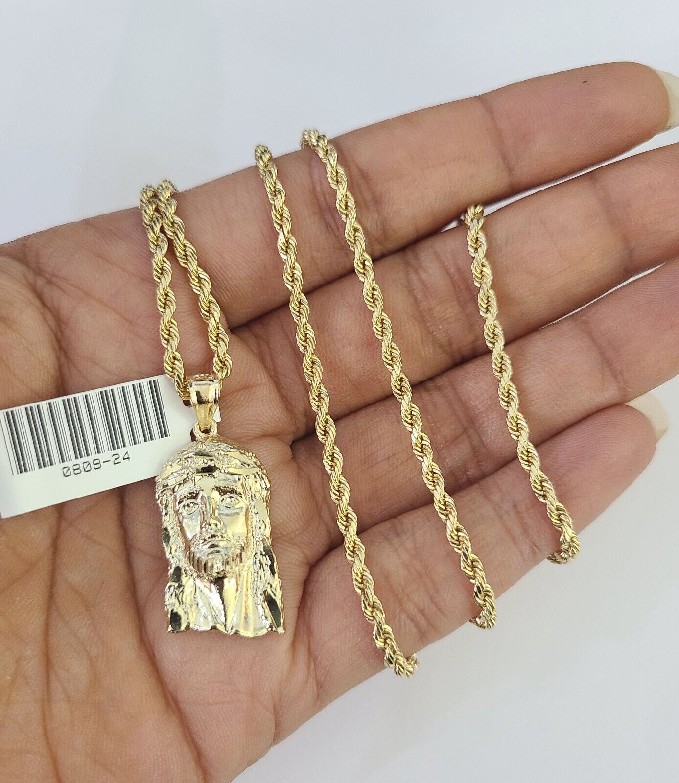10k 2.5mm Rope Chain Jesus Head Pendant 18" - 30" Yellow Gold Set Charm Necklace - GoldenlinQ