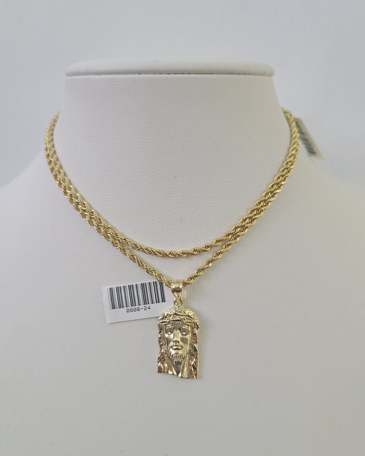 10k 2.5mm Rope Chain Jesus Head Pendant 18" - 30" Yellow Gold Set Charm Necklace - GoldenlinQ