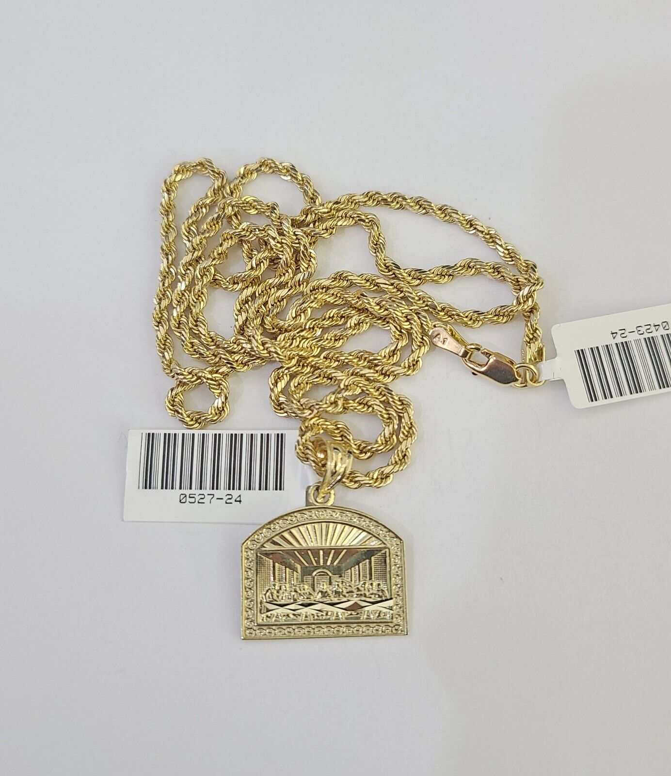 10k 2.5mm Rope Chain Last Supper Pendant 18" - 30" Yellow Gold Set Charm Necklace - GoldenlinQ
