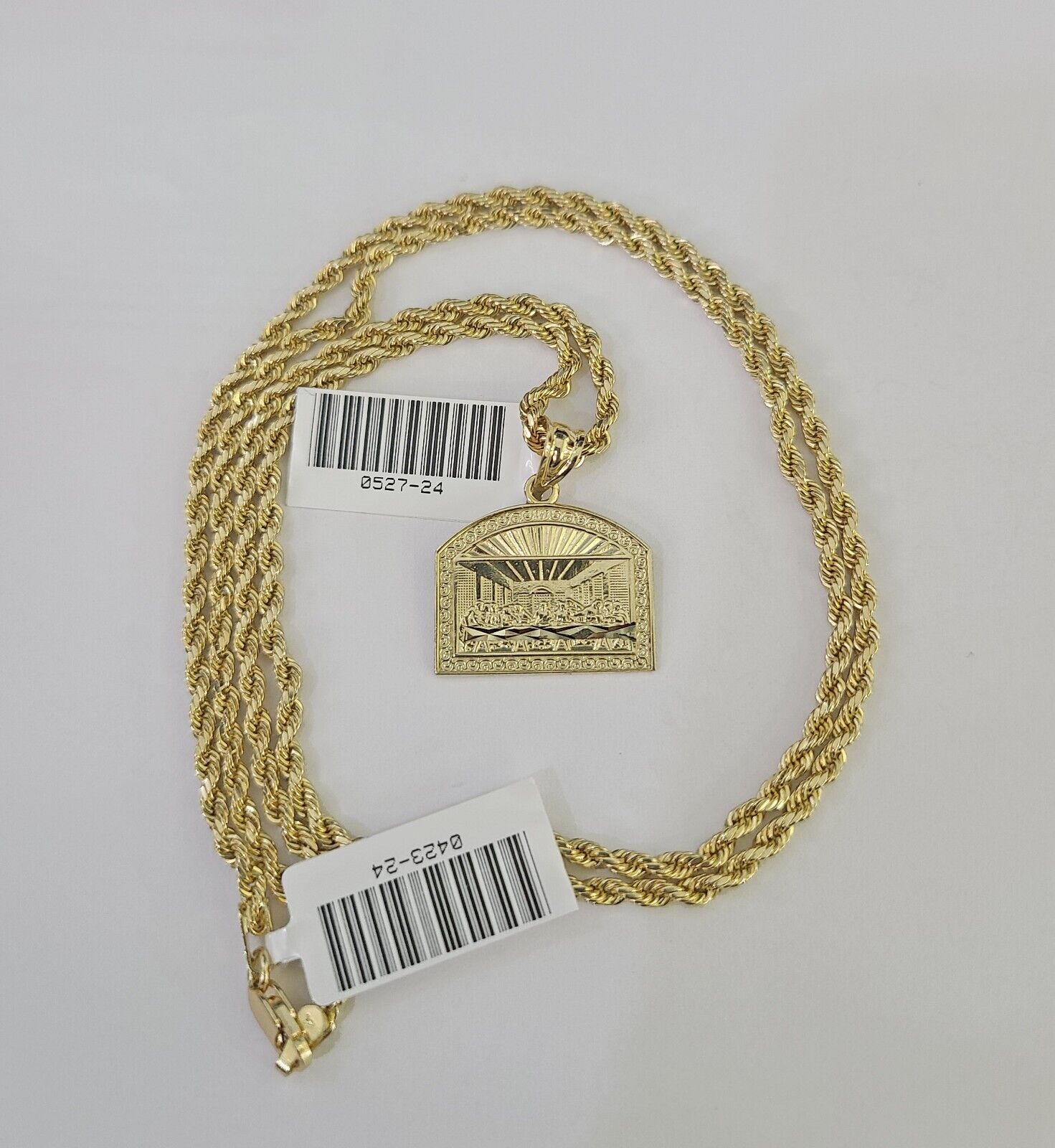 10k 2.5mm Rope Chain Last Supper Pendant 18" - 30" Yellow Gold Set Charm Necklace - GoldenlinQ
