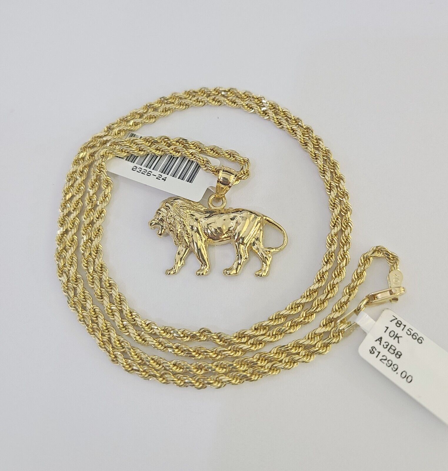 10k 2.5mm Rope Chain Lion Pendant 18" - 30" Yellow Gold Set Charm Necklace - GoldenlinQ