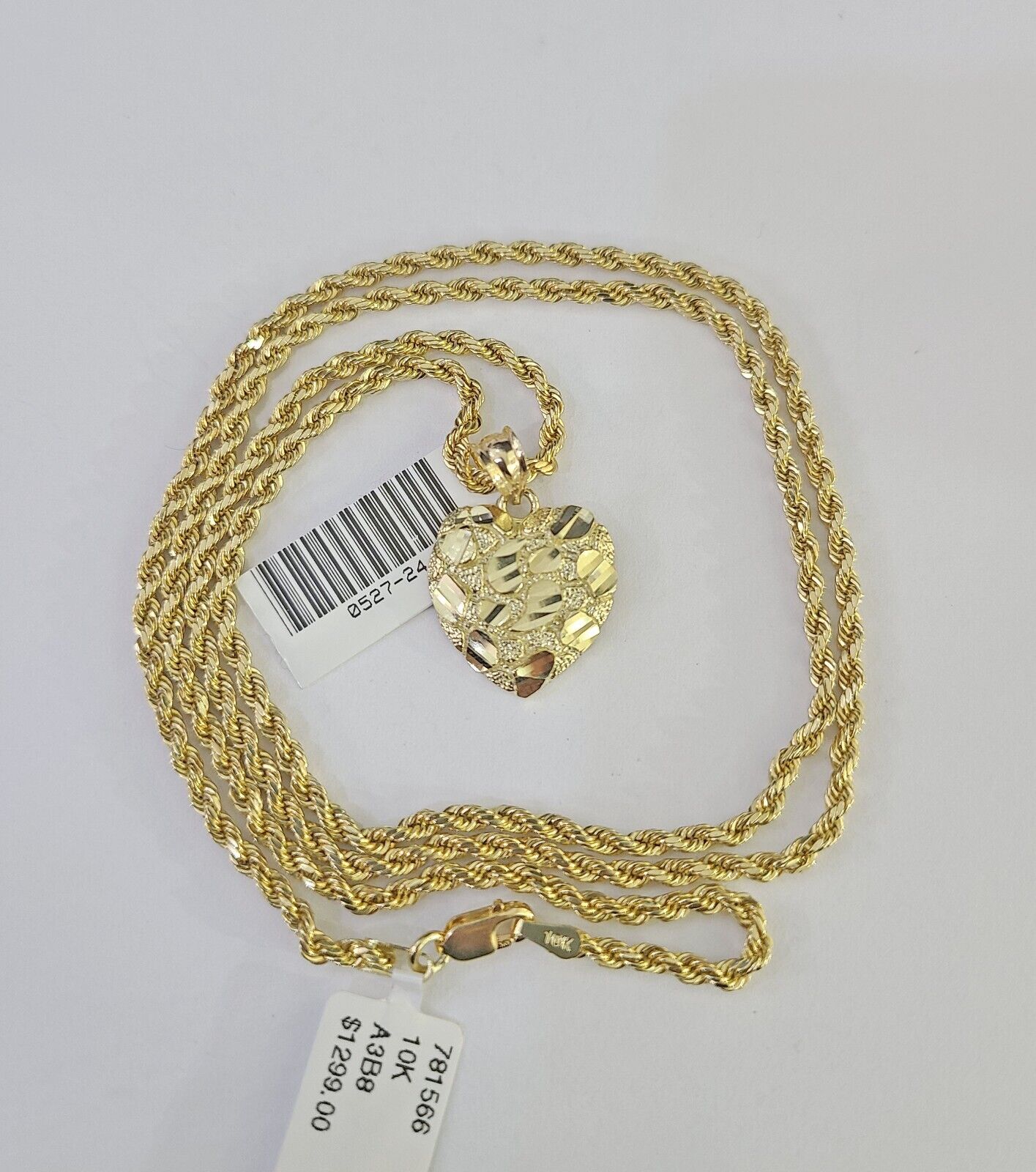 10k 2.5mm Rope Chain Nugget Heart Pendant 18" - 30" Yellow Gold Set Charm Necklace - GoldenlinQ