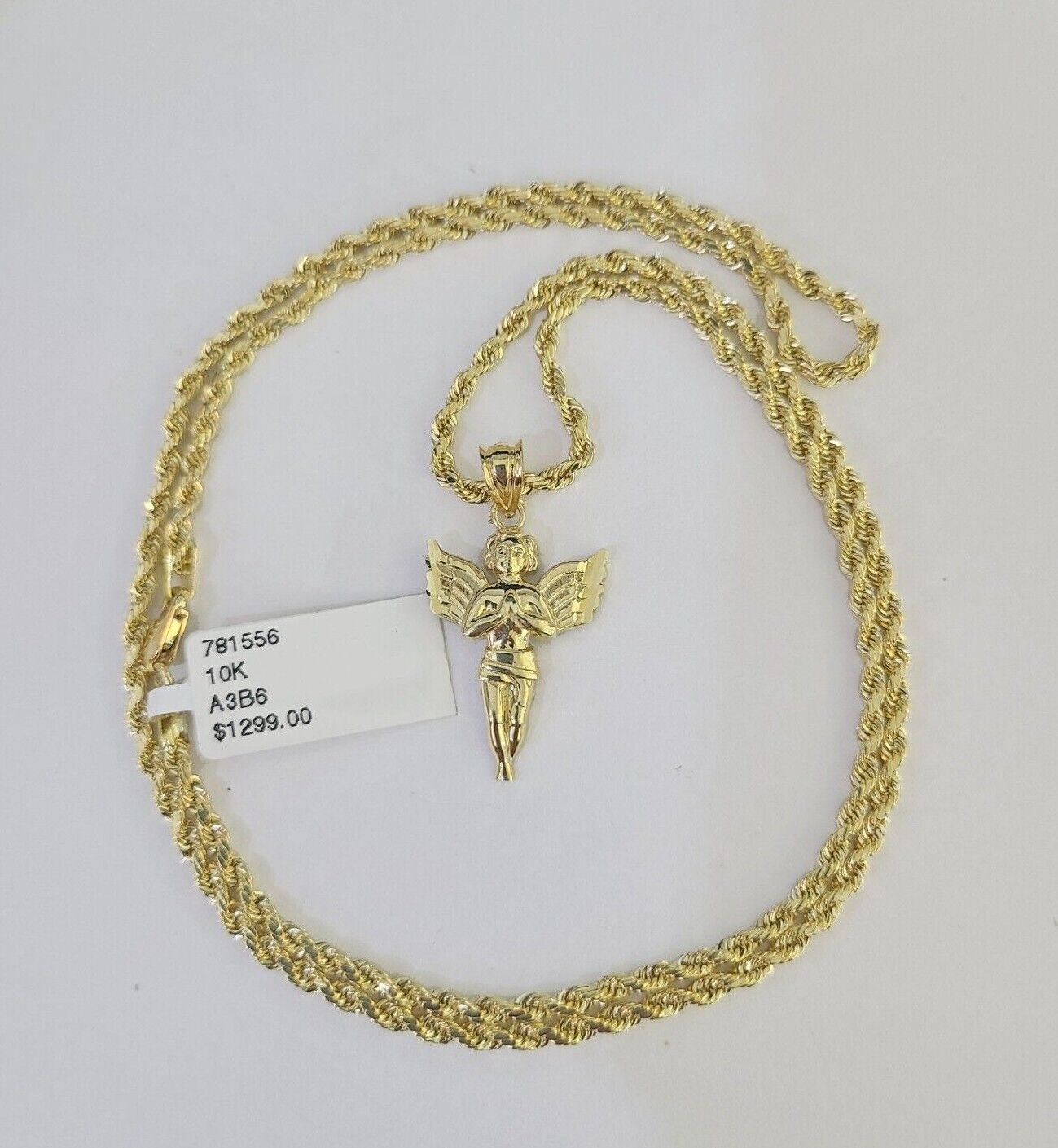 10k 2.5mm Rope Chain Praying Angel Pendant 18" - 30 Yellow Gold Set Charm Necklace - GoldenlinQ