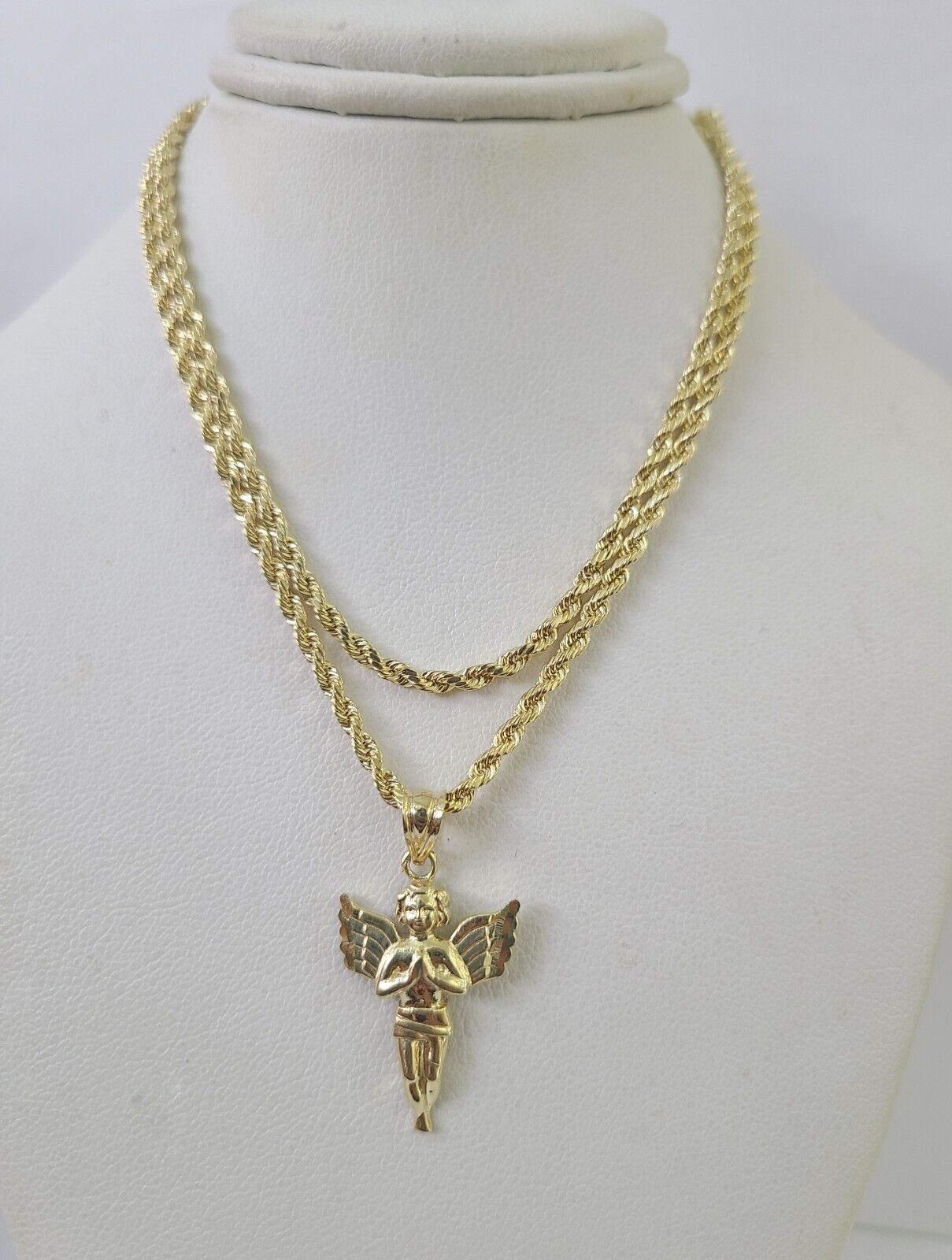 10k 2.5mm Rope Chain Praying Angel Pendant 18" - 30 Yellow Gold Set Charm Necklace - GoldenlinQ