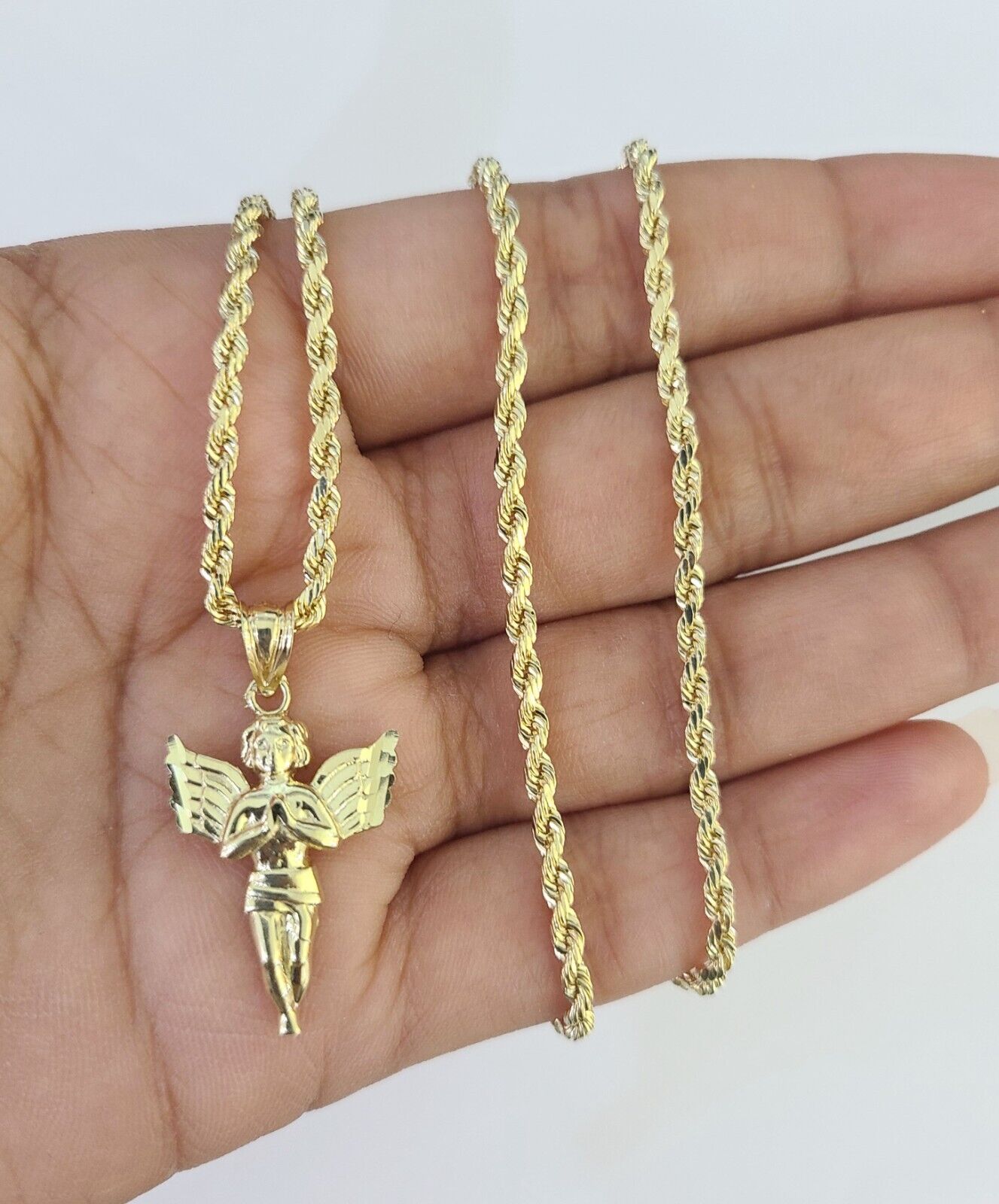 10k 2.5mm Rope Chain Praying Angel Pendant 18" - 30 Yellow Gold Set Charm Necklace - GoldenlinQ