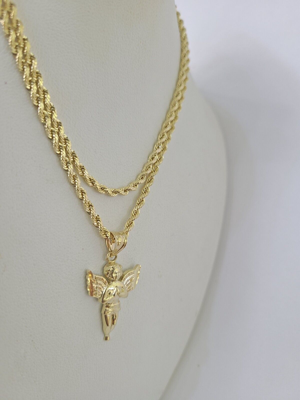 10k 2.5mm Rope Chain Praying Angel Pendant 18" - 30 Yellow Gold Set Charm Necklace - GoldenlinQ