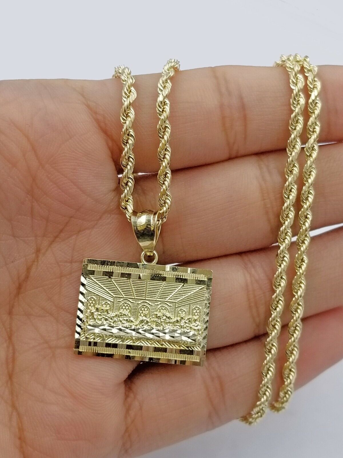 10k 2.5mm Rope Gold Last supper Charm Pendant Chain 18" 20" 22" 24" 26" 28" - GoldenlinQ