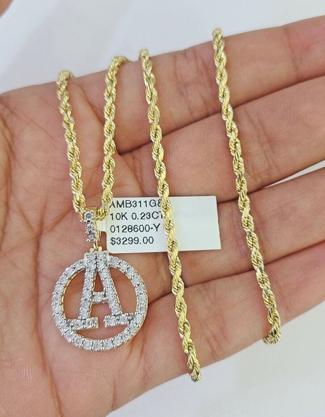 10k 3mm Rope Chain A Diamond Pendant Alphabet 18" - 30" Gold Set Charm Necklace - GoldenlinQ