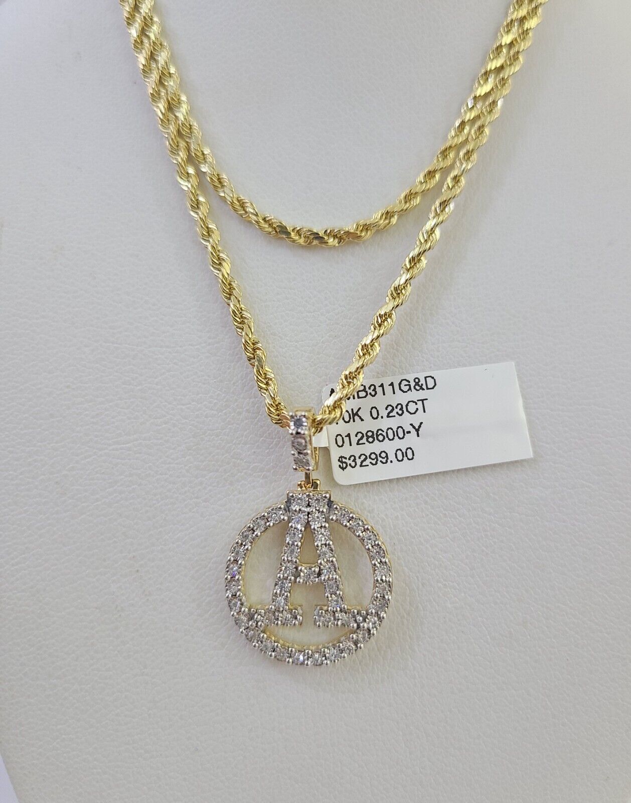 10k 3mm Rope Chain A Diamond Pendant Alphabet 18" - 30" Gold Set Charm Necklace - GoldenlinQ