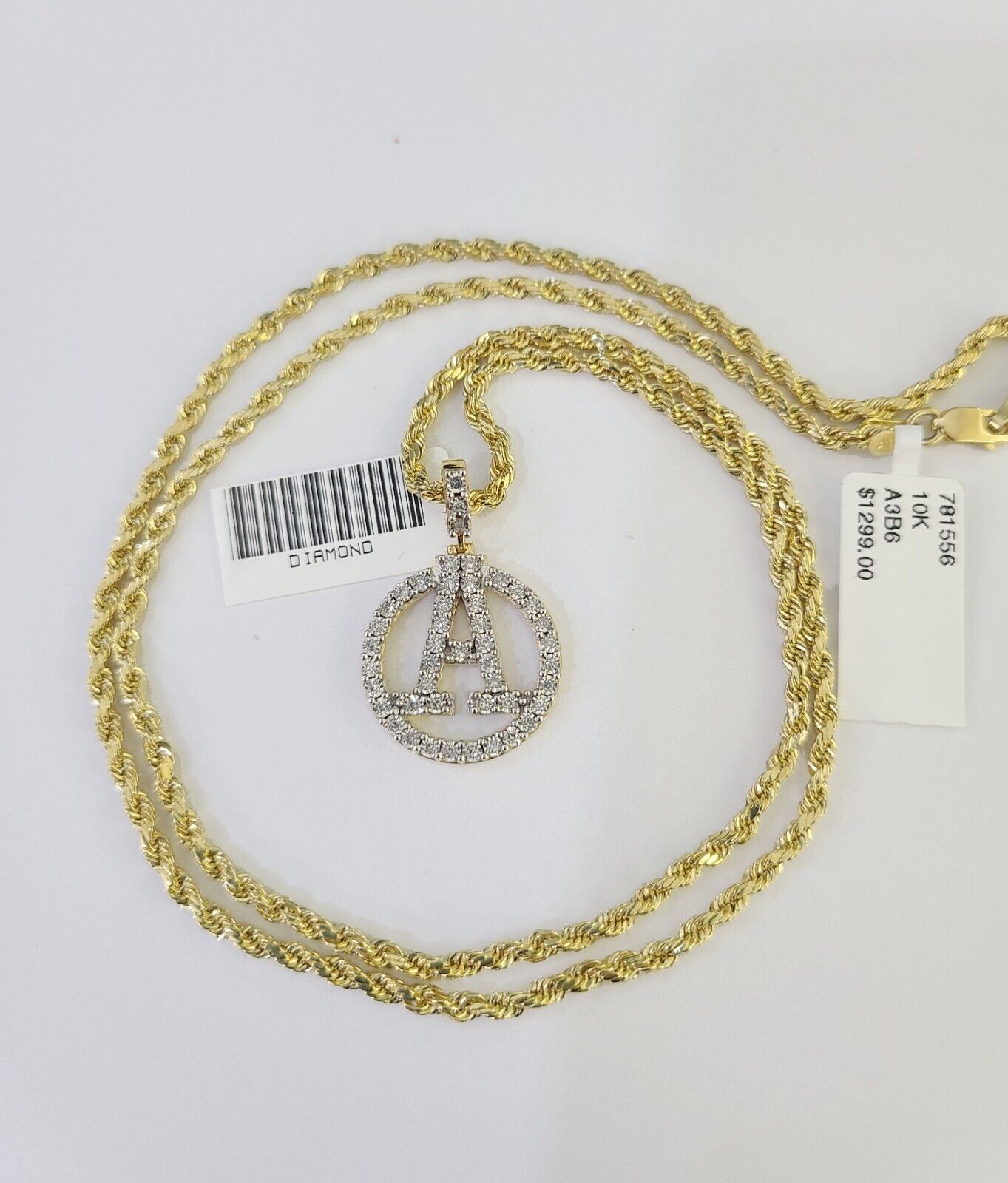 10k 3mm Rope Chain A Diamond Pendant Alphabet 18" - 30" Gold Set Charm Necklace - GoldenlinQ