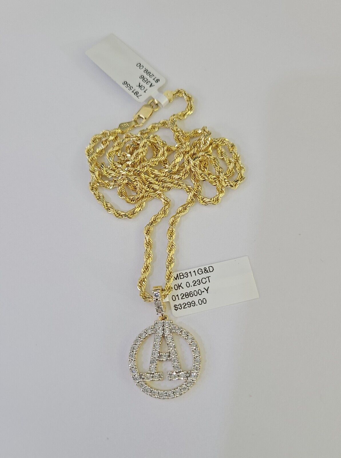 10k 3mm Rope Chain A Diamond Pendant Alphabet 18" - 30" Gold Set Charm Necklace - GoldenlinQ