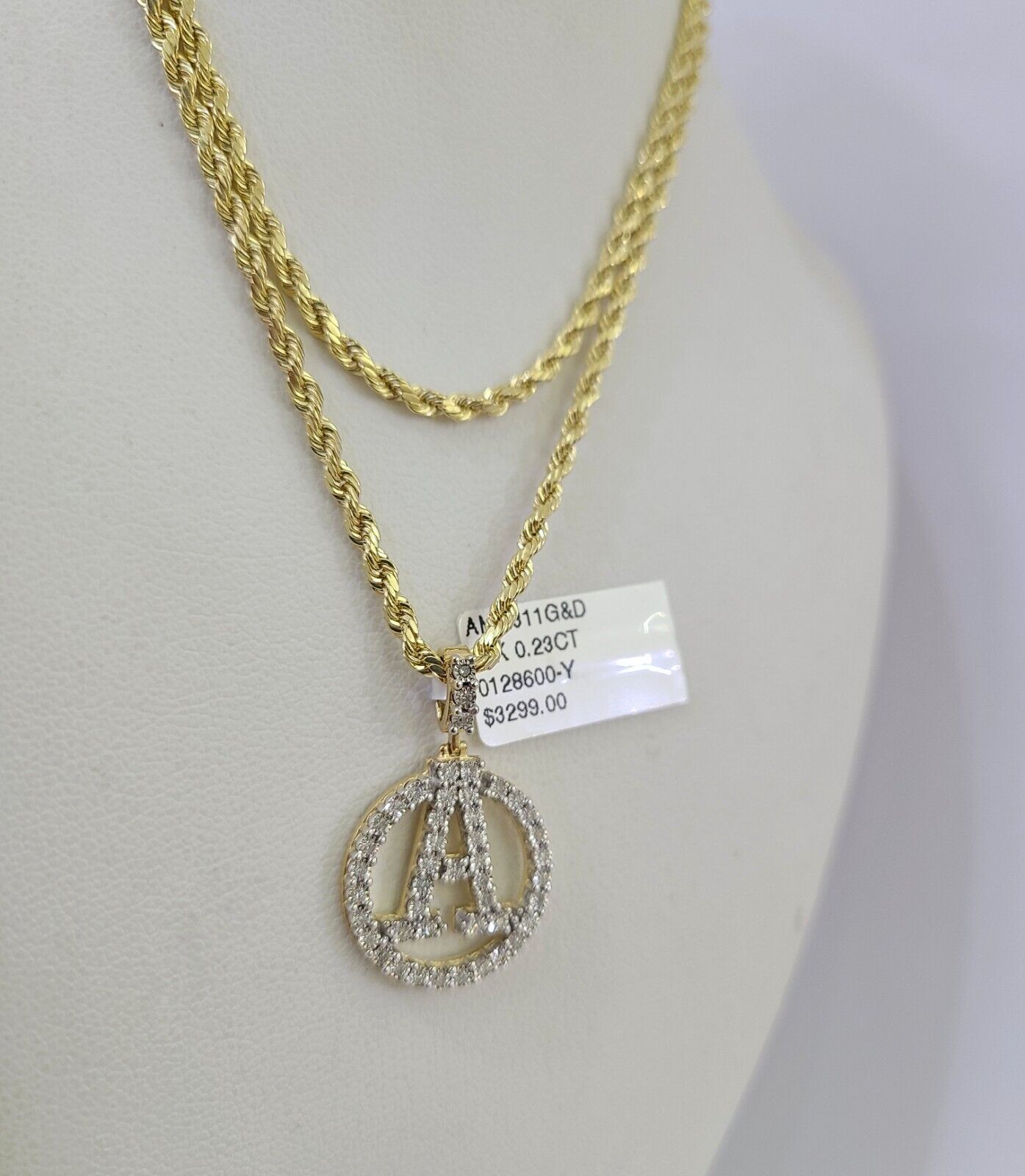 10k 3mm Rope Chain A Diamond Pendant Alphabet 18" - 30" Gold Set Charm Necklace - GoldenlinQ