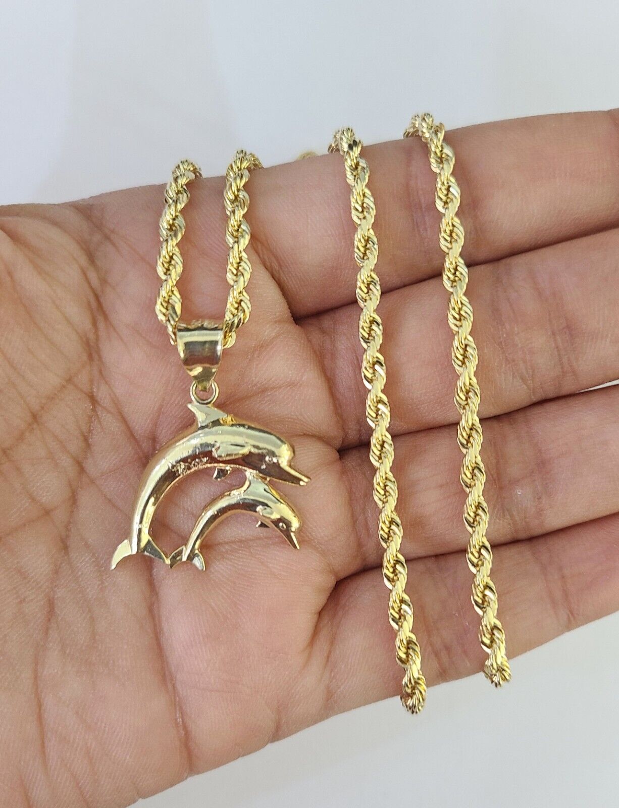 10k 3mm Rope Chain Dolphin Pendant 18" 20" 22" 24" 26" 28" 30" Gold Set Charm - GoldenlinQ
