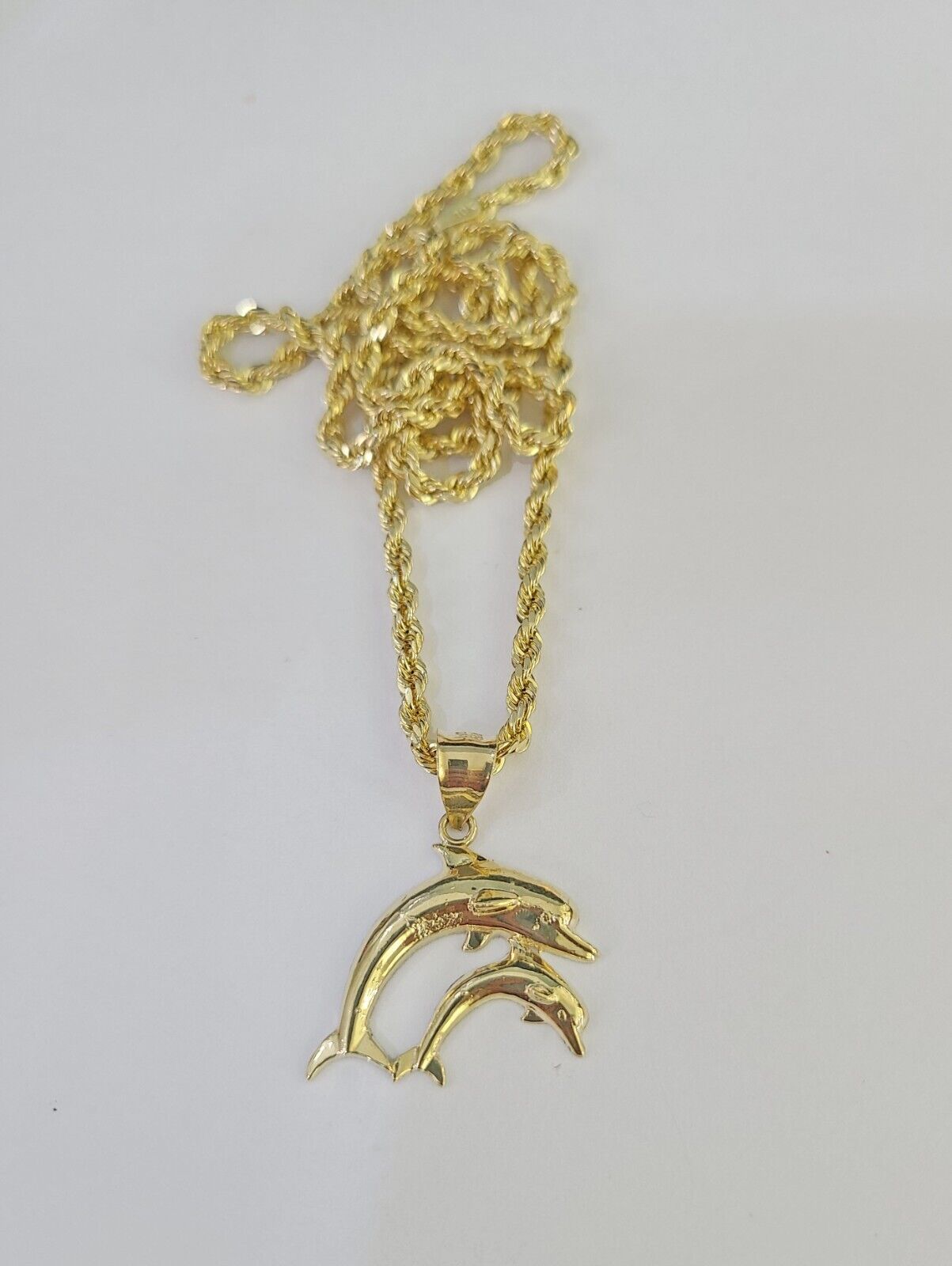 10k 3mm Rope Chain Dolphin Pendant 18" 20" 22" 24" 26" 28" 30" Gold Set Charm - GoldenlinQ