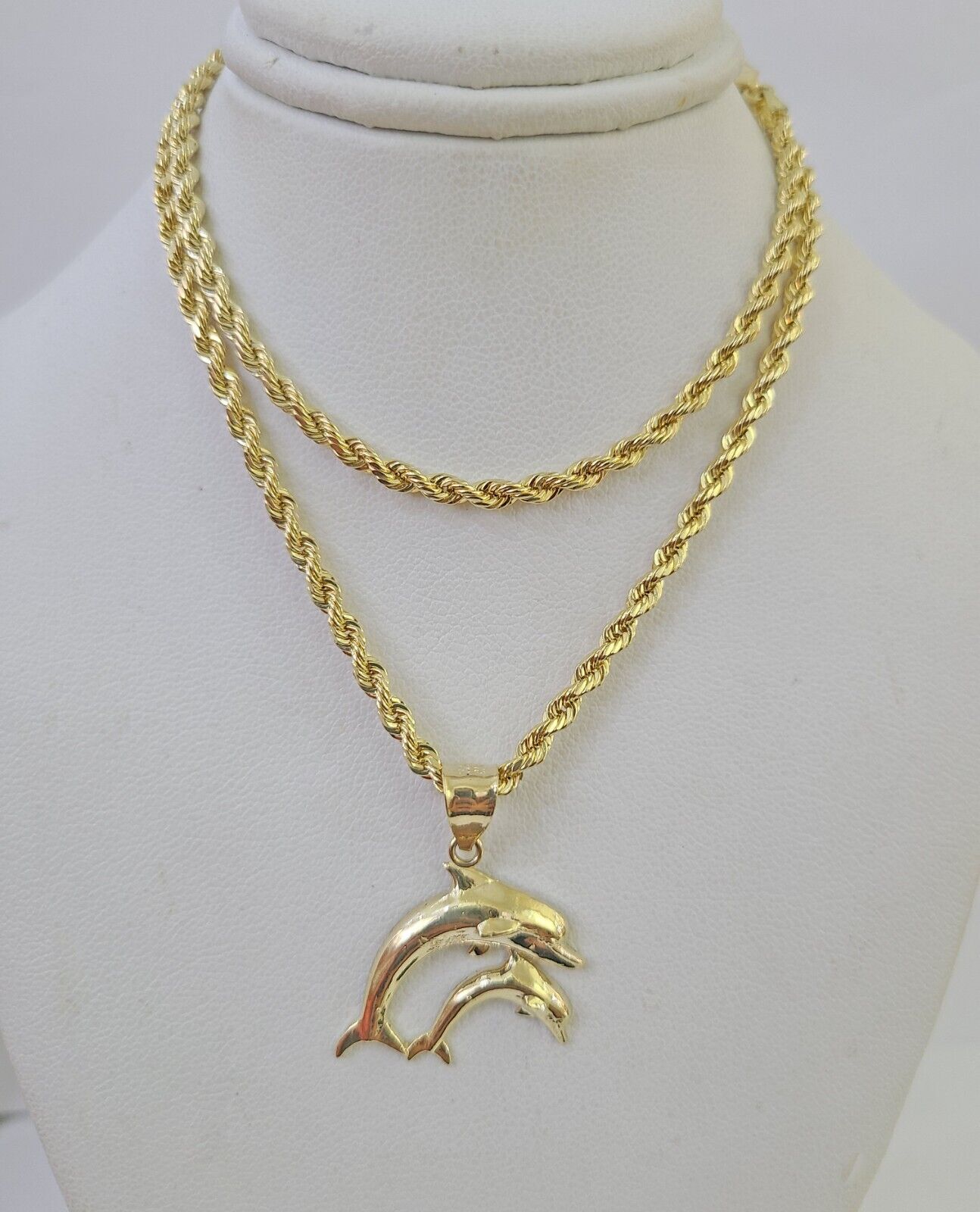 10k 3mm Rope Chain Dolphin Pendant 18" 20" 22" 24" 26" 28" 30" Gold Set Charm - GoldenlinQ