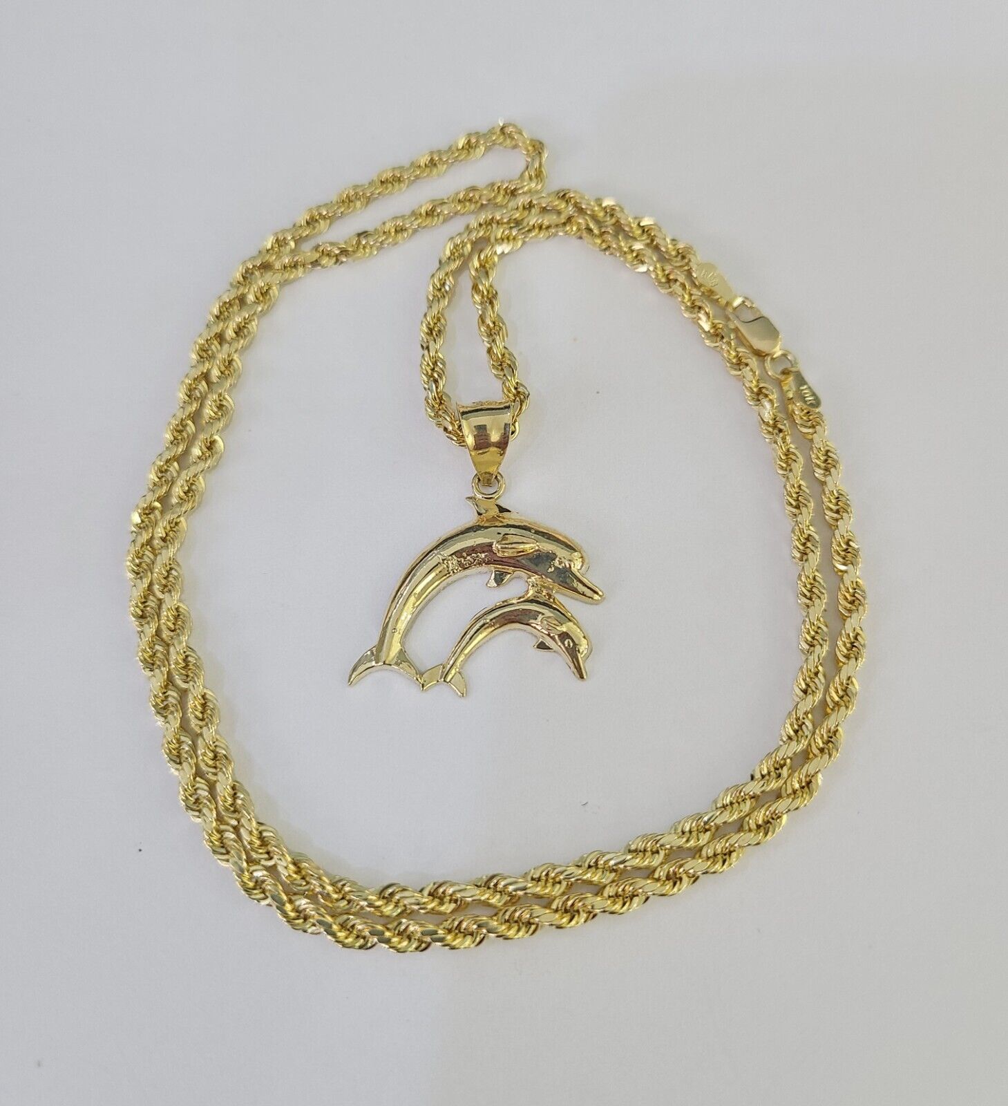 10k 3mm Rope Chain Dolphin Pendant 18" 20" 22" 24" 26" 28" 30" Gold Set Charm - GoldenlinQ