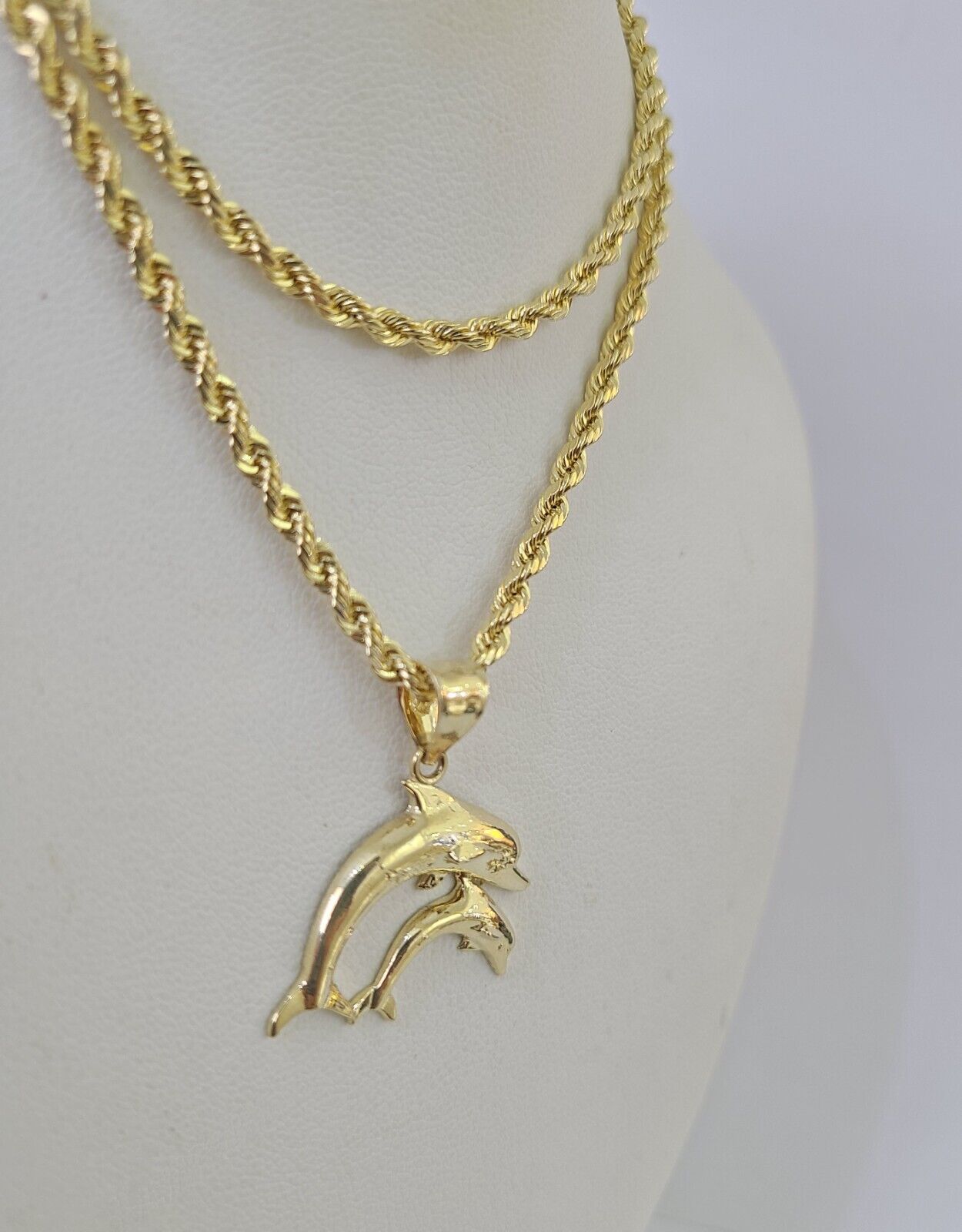 10k 3mm Rope Chain Dolphin Pendant 18" 20" 22" 24" 26" 28" 30" Gold Set Charm - GoldenlinQ
