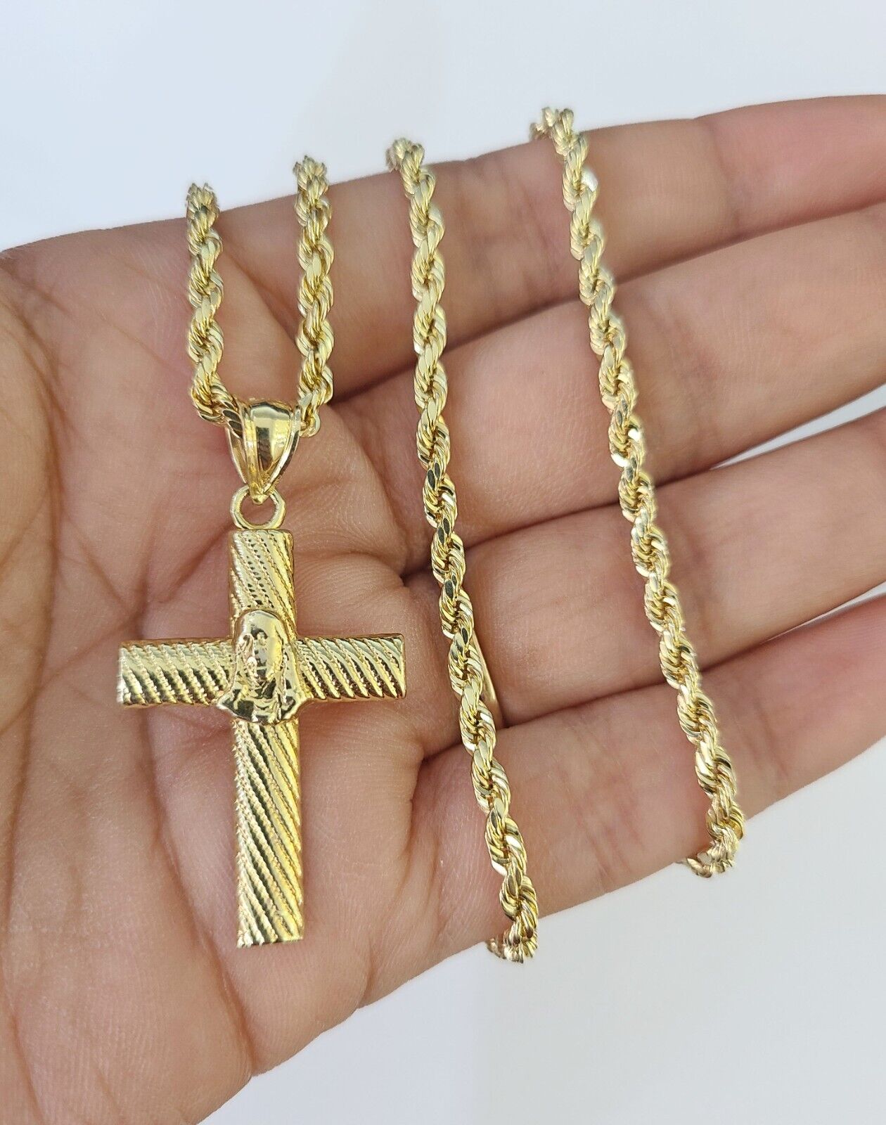 10k 3mm Rope Chain Jesus Cross Pendant 18" - 30" Yellow Gold Set Charm Necklace - GoldenlinQ