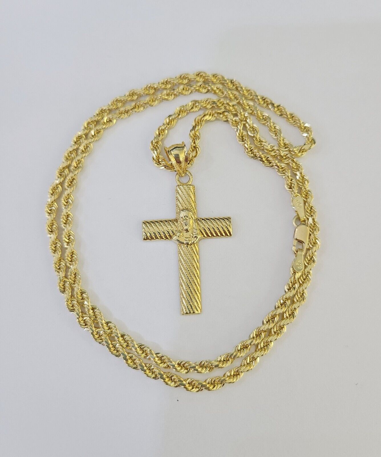 10k 3mm Rope Chain Jesus Cross Pendant 18" - 30" Yellow Gold Set Charm Necklace - GoldenlinQ