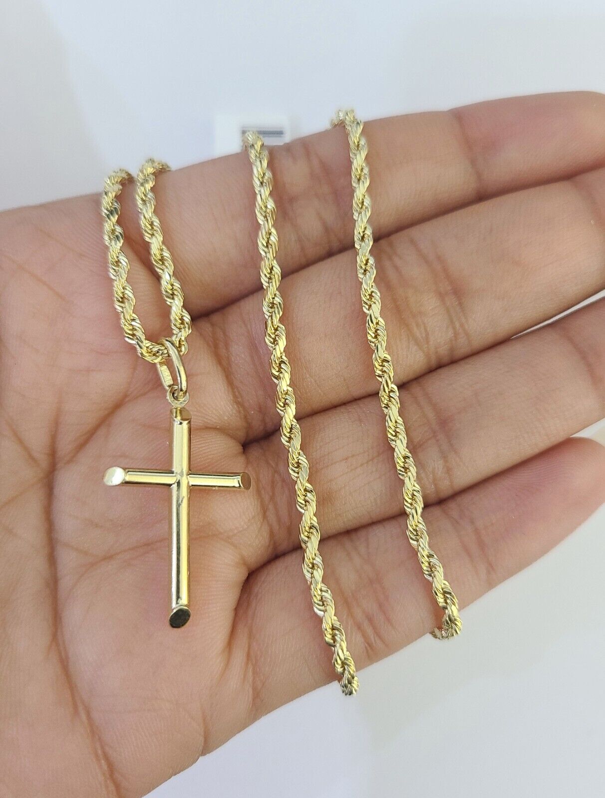 10k 3mm Rope Chain Jesus Cross Pendant 18" - 30" Yellow Gold Set Charm Necklace - GoldenlinQ