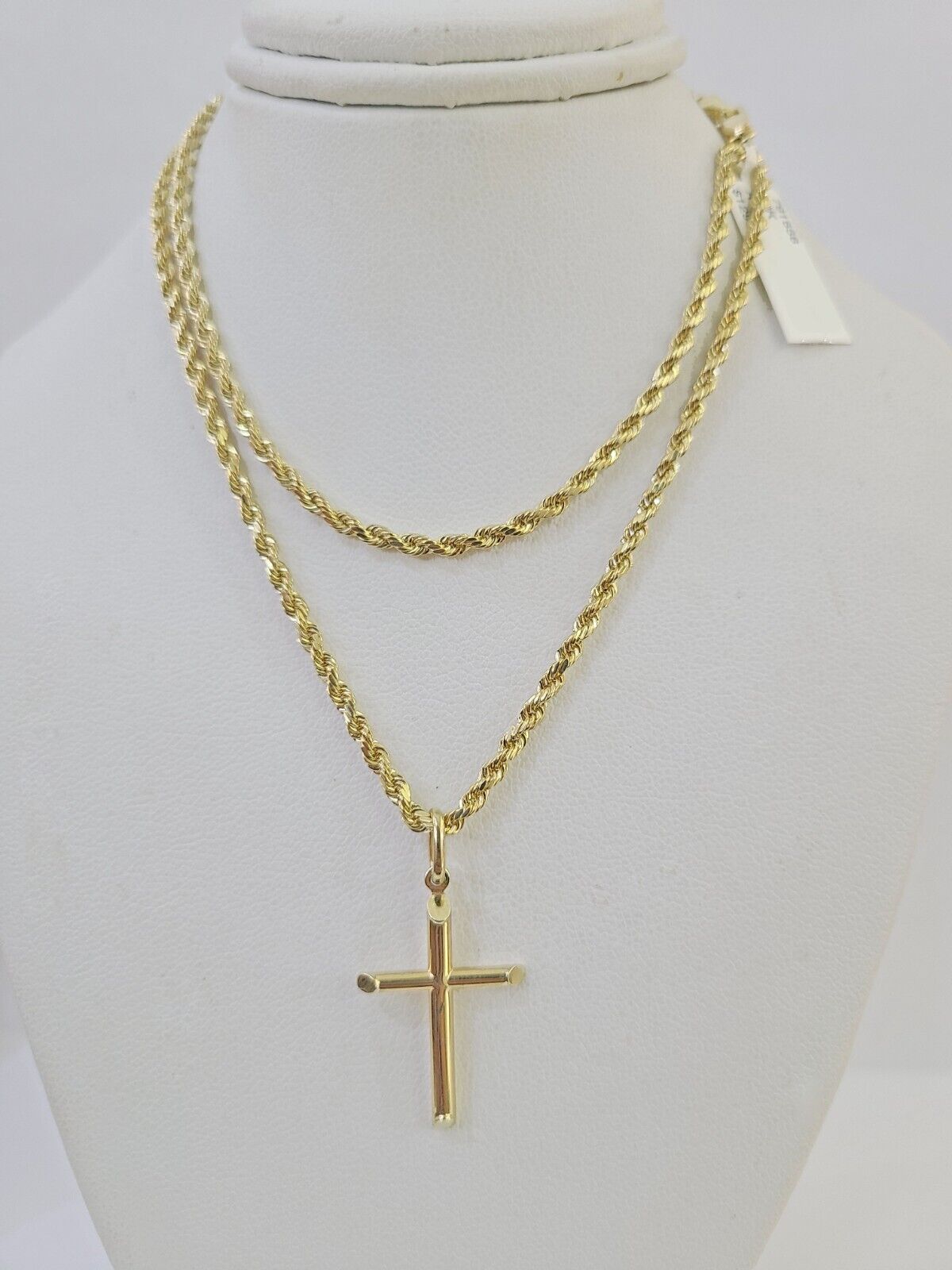 10k 3mm Rope Chain Jesus Cross Pendant 18" - 30" Yellow Gold Set Charm Necklace - GoldenlinQ