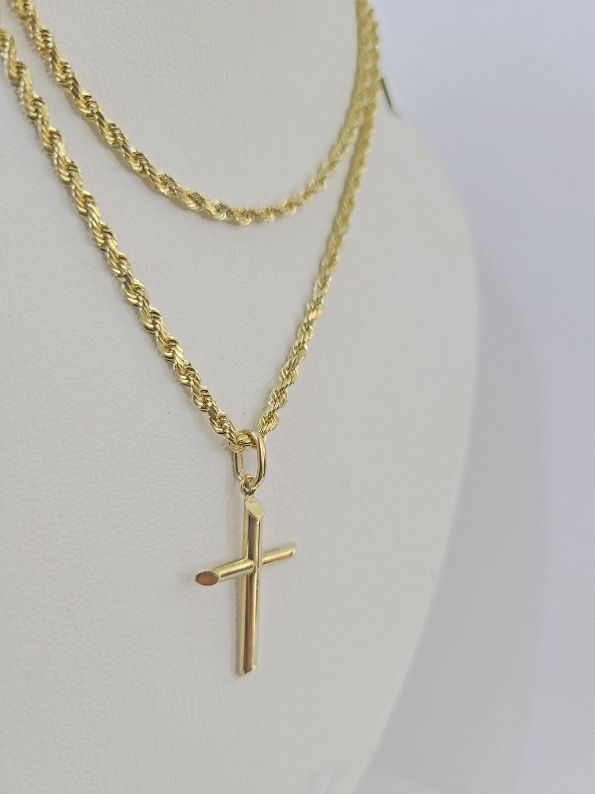 10k 3mm Rope Chain Jesus Cross Pendant 18" - 30" Yellow Gold Set Charm Necklace - GoldenlinQ