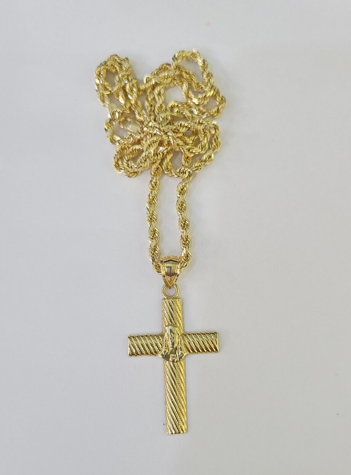 10k 3mm Rope Chain Jesus Cross Pendant 18" - 30" Yellow Gold Set Charm Necklace - GoldenlinQ