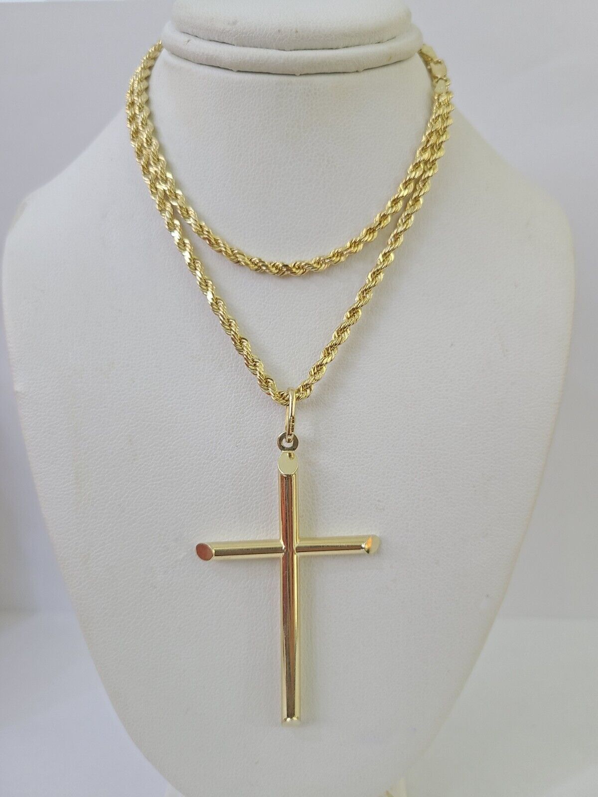10k 3mm Rope Chain Jesus Cross Pendant 18" - 30" Yellow Gold Set Charm Necklace - GoldenlinQ