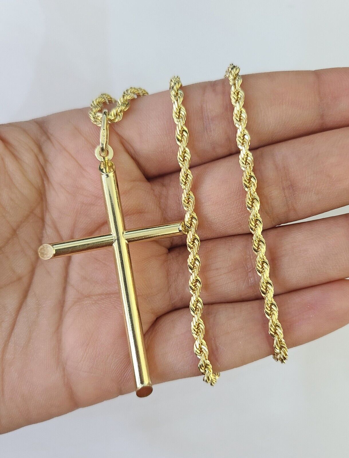10k 3mm Rope Chain Jesus Cross Pendant 18" - 30" Yellow Gold Set Charm Necklace - GoldenlinQ