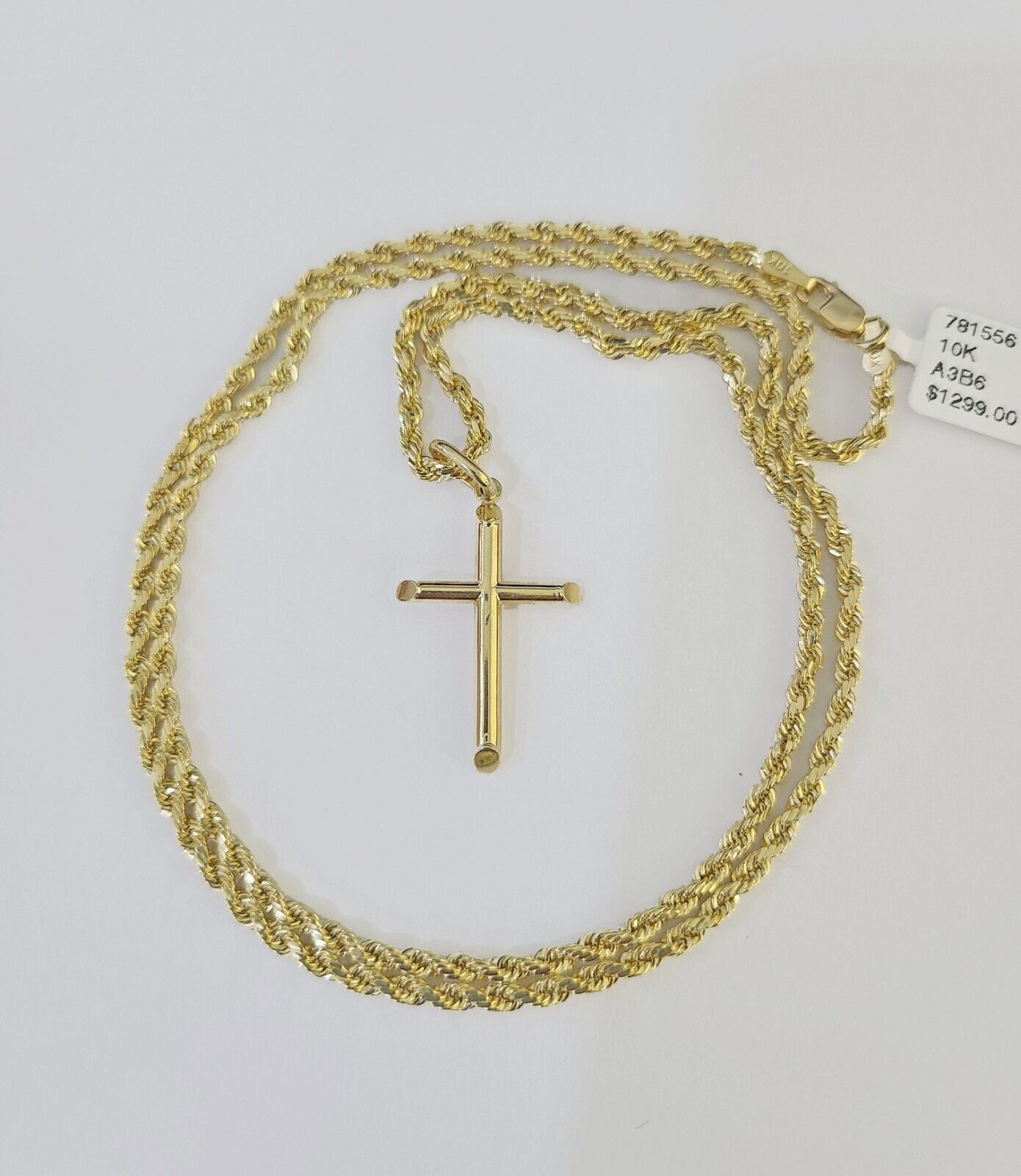 10k 3mm Rope Chain Jesus Cross Pendant 18" - 30" Yellow Gold Set Charm Necklace - GoldenlinQ