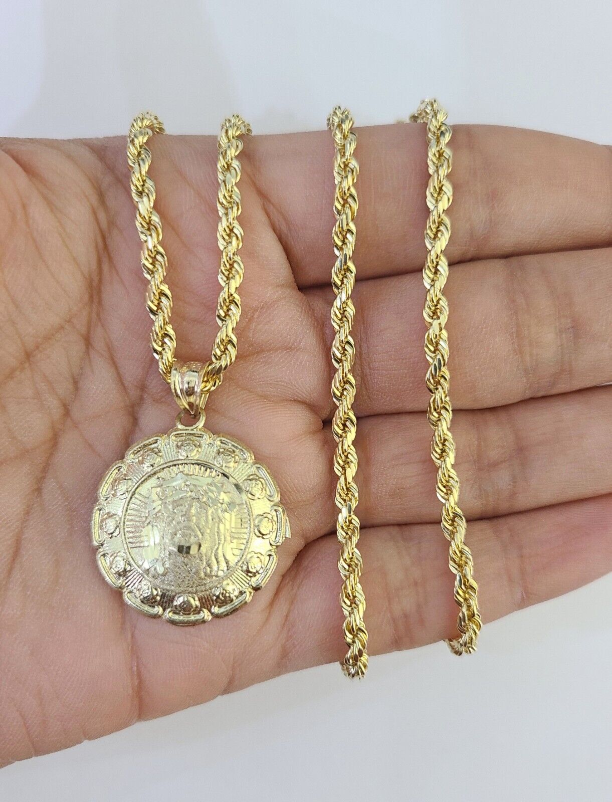 10k 3mm Rope Chain Jesus Guadalupe Pendant 18" - 30 Yellow Gold Set Charm Necklace - GoldenlinQ