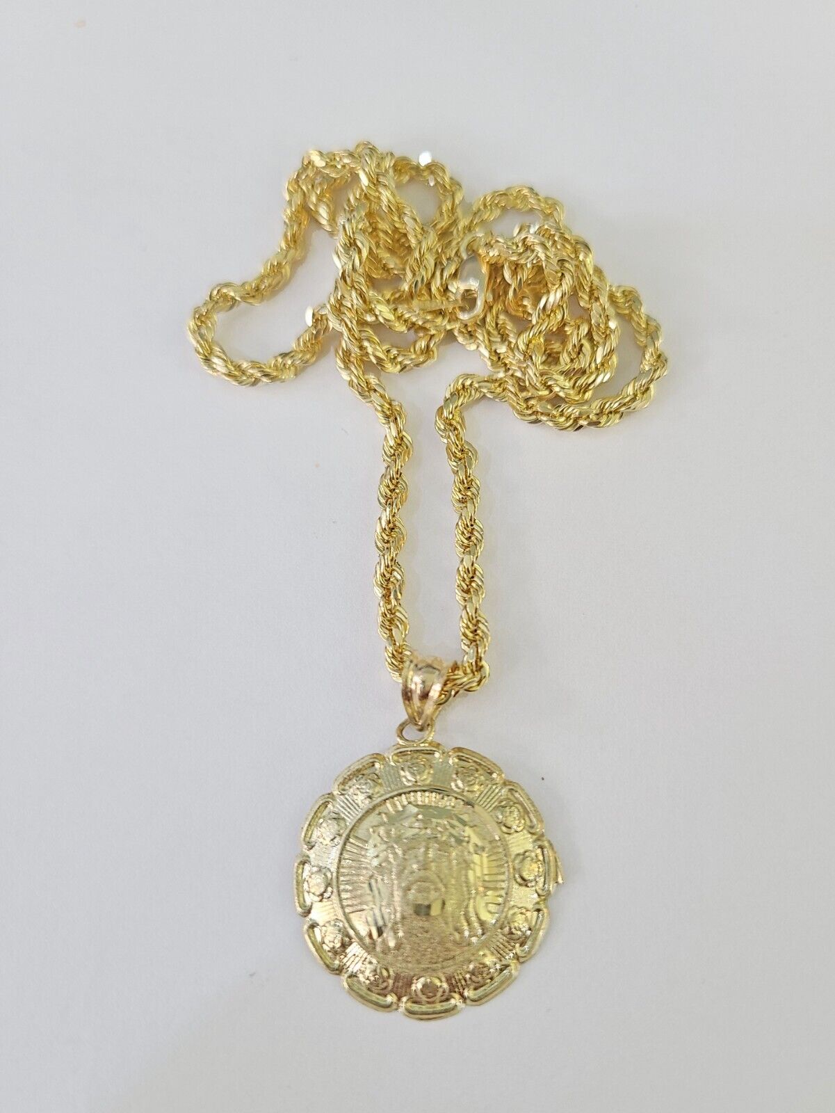 10k 3mm Rope Chain Jesus Guadalupe Pendant 18" - 30 Yellow Gold Set Charm Necklace - GoldenlinQ