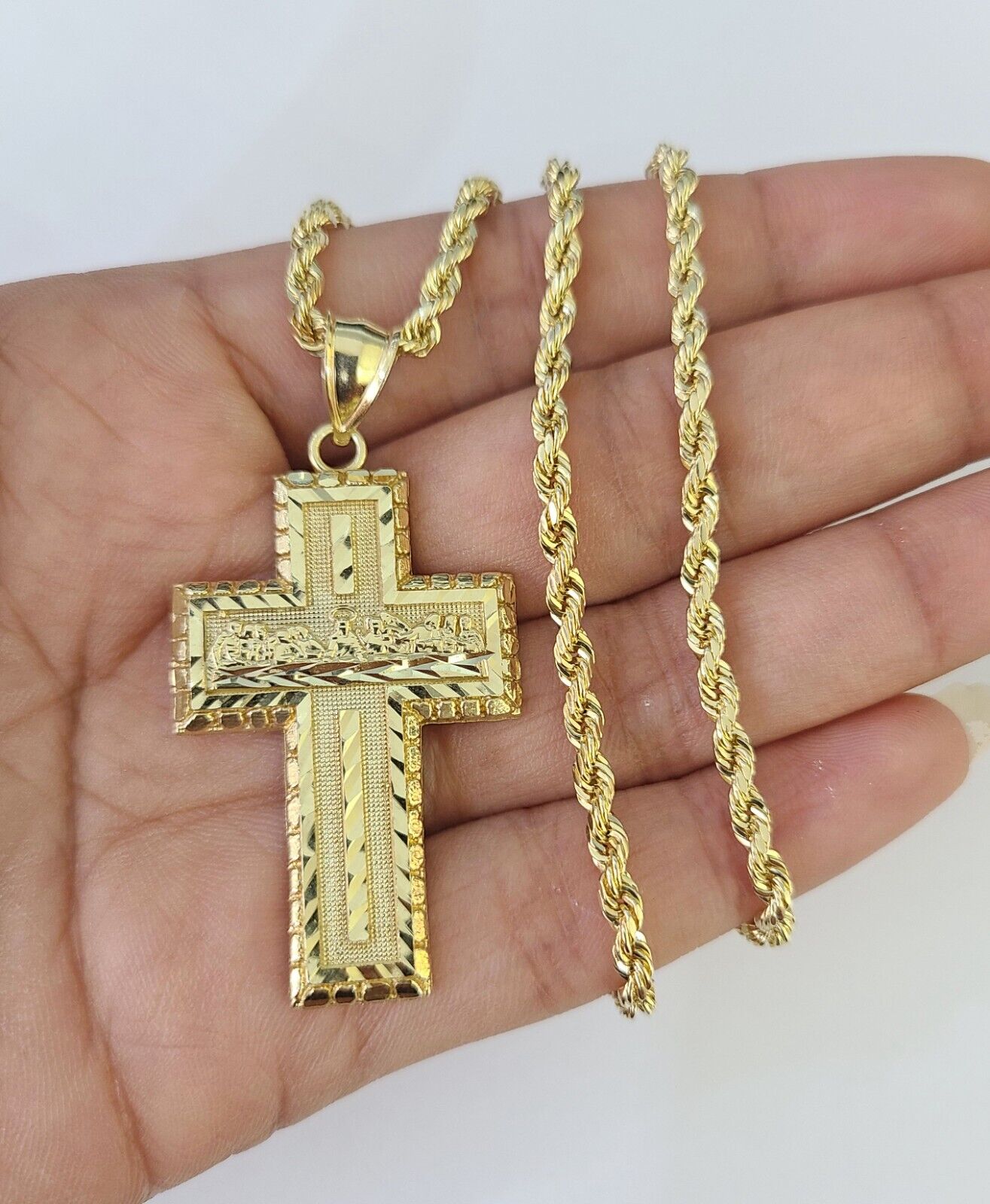 10k 3mm Rope Chain Last Supper Cross Pendant 18" - 30" Gold Set Charm Necklace - GoldenlinQ