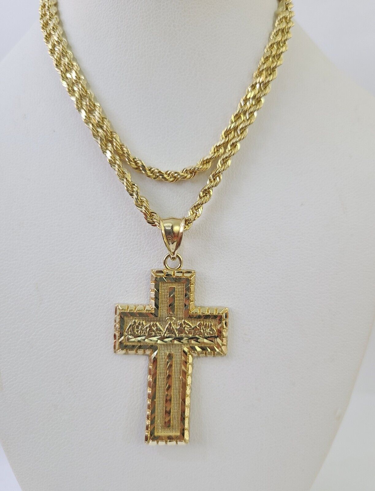 10k 3mm Rope Chain Last Supper Cross Pendant 18" - 30" Gold Set Charm Necklace - GoldenlinQ