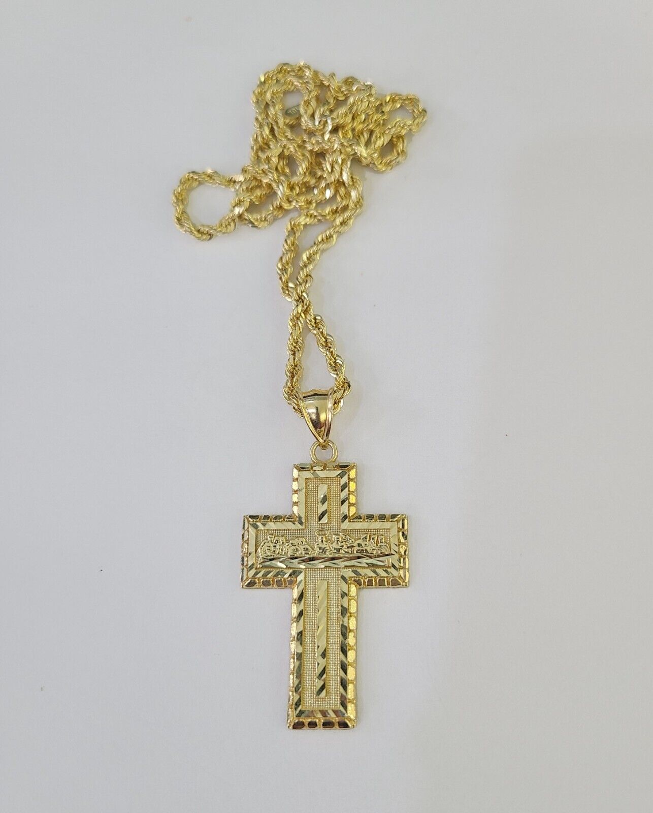 10k 3mm Rope Chain Last Supper Cross Pendant 18" - 30" Gold Set Charm Necklace - GoldenlinQ
