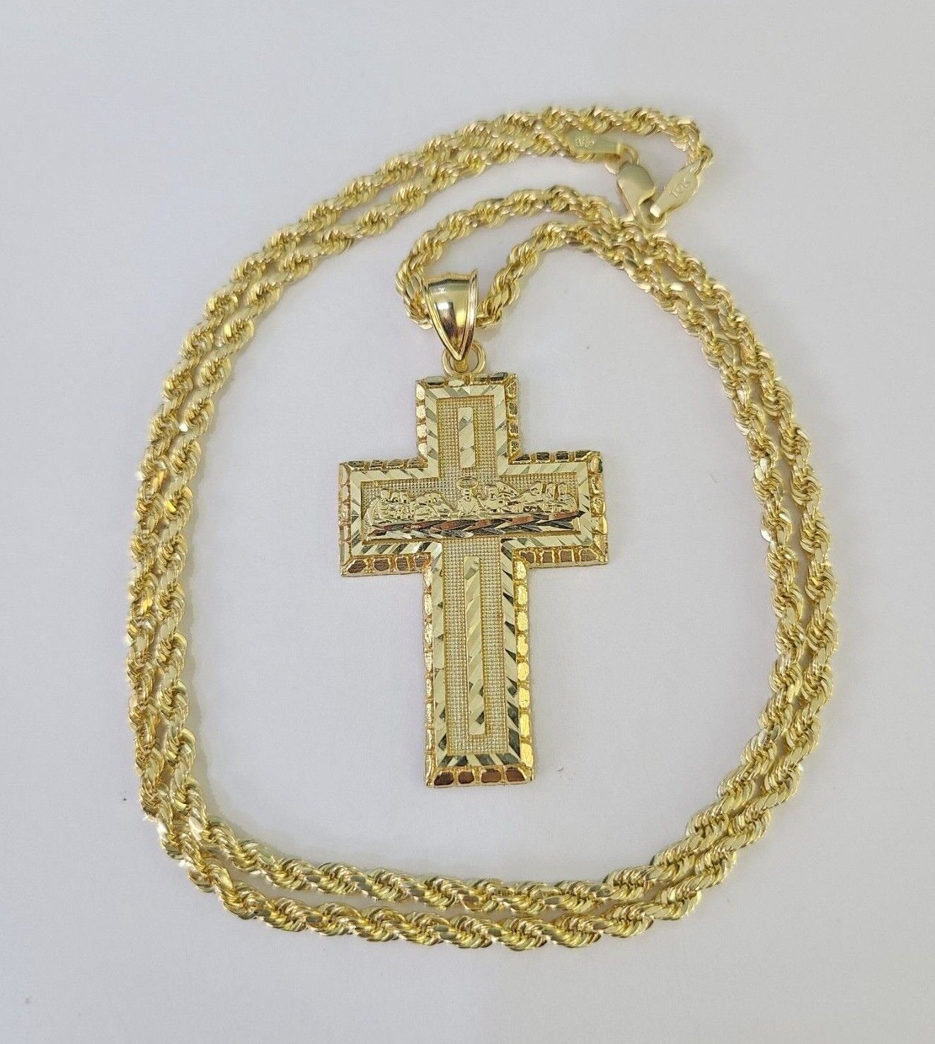 10k 3mm Rope Chain Last Supper Cross Pendant 18" - 30" Gold Set Charm Necklace - GoldenlinQ