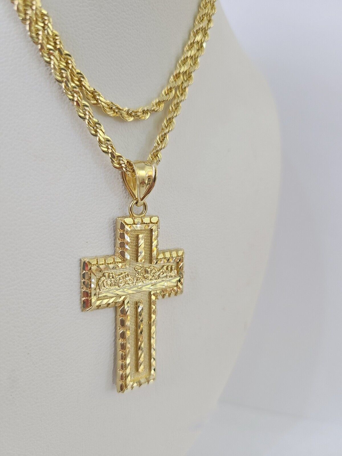 10k 3mm Rope Chain Last Supper Cross Pendant 18" - 30" Gold Set Charm Necklace - GoldenlinQ