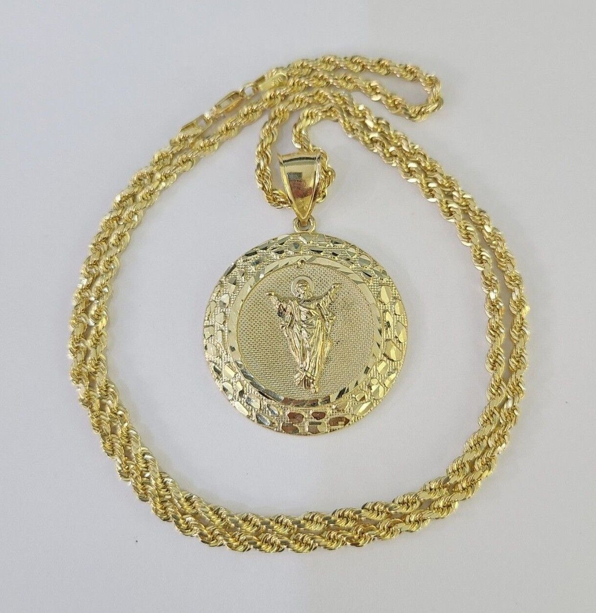 10k 3mm Rope Chain Nugget Medallion Guadalupe Pendant 18" - 30" Set Charm Necklace - GoldenlinQ