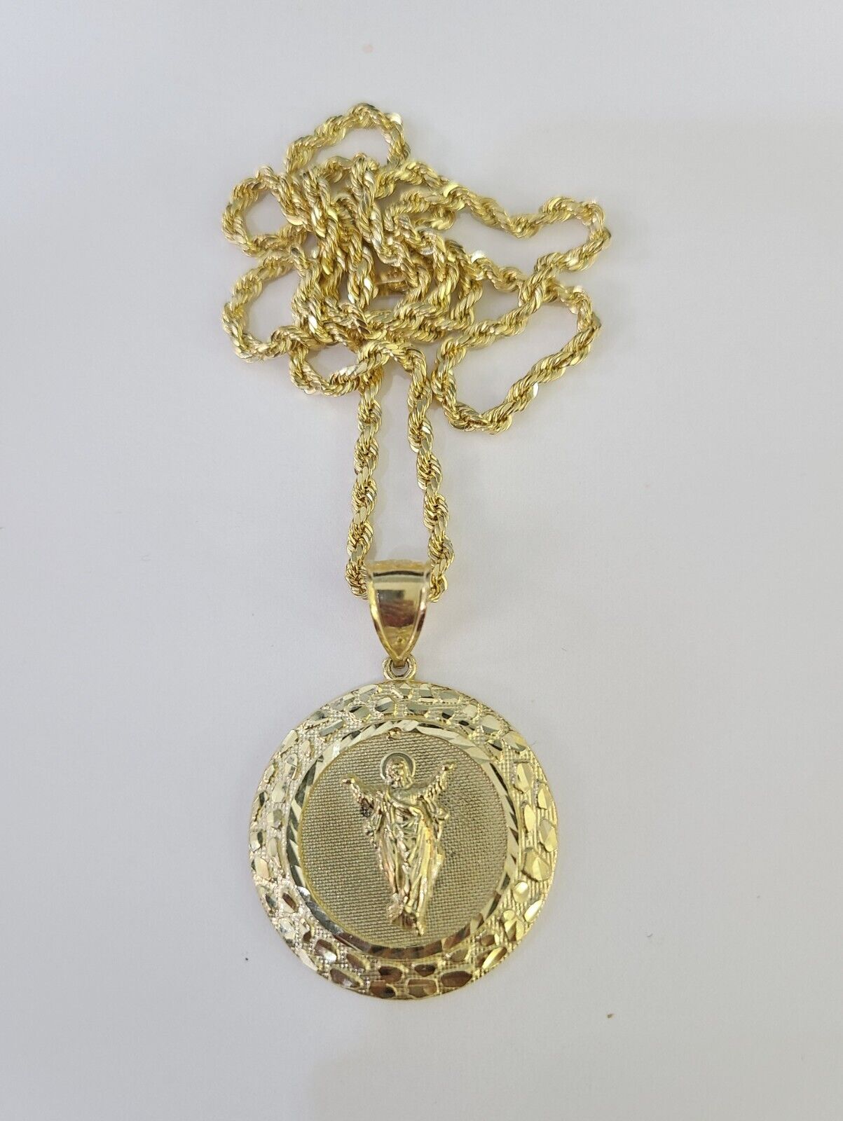 10k 3mm Rope Chain Nugget Medallion Guadalupe Pendant 18" - 30" Set Charm Necklace - GoldenlinQ