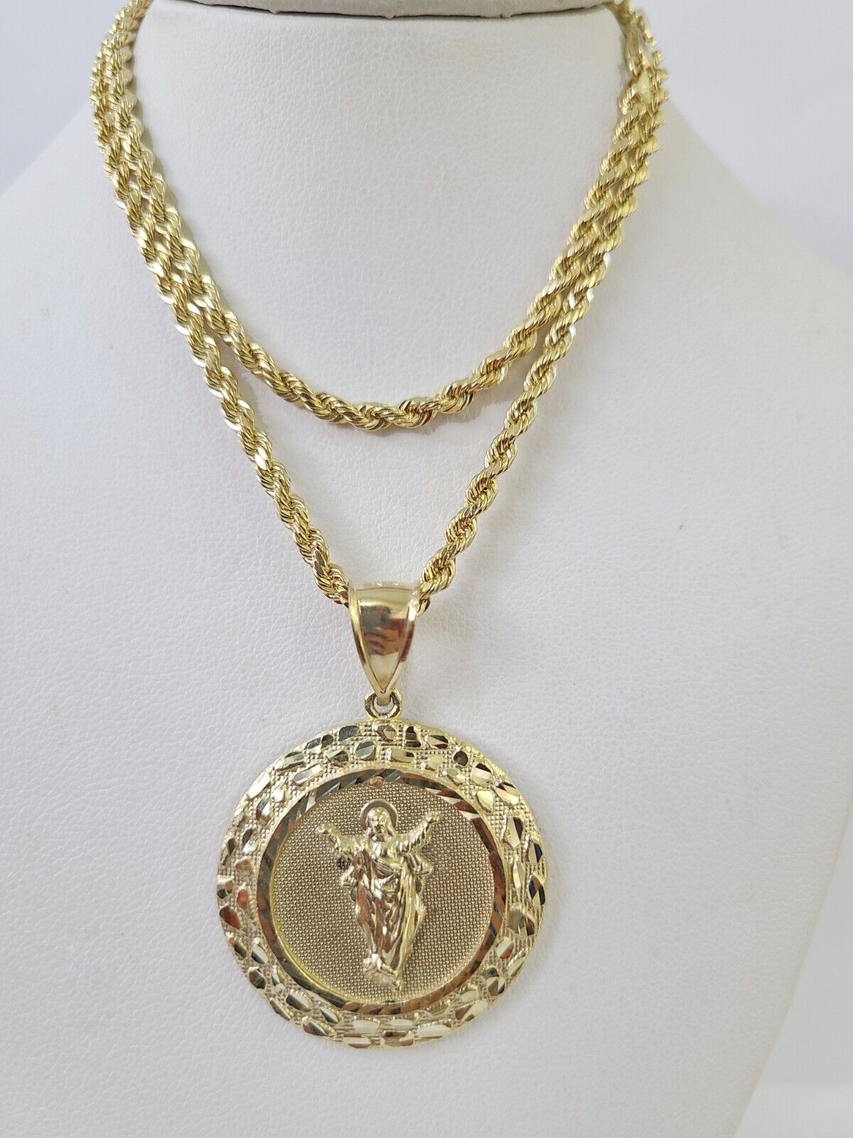 10k 3mm Rope Chain Nugget Medallion Guadalupe Pendant 18" - 30" Set Charm Necklace - GoldenlinQ