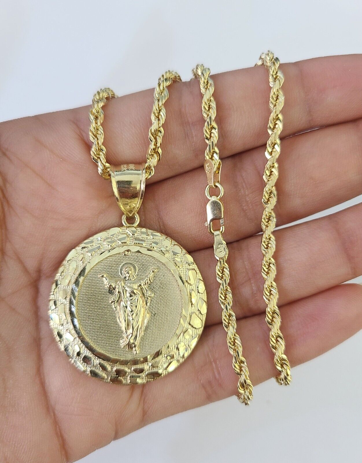 10k 3mm Rope Chain Nugget Medallion Guadalupe Pendant 18" - 30" Set Charm Necklace - GoldenlinQ