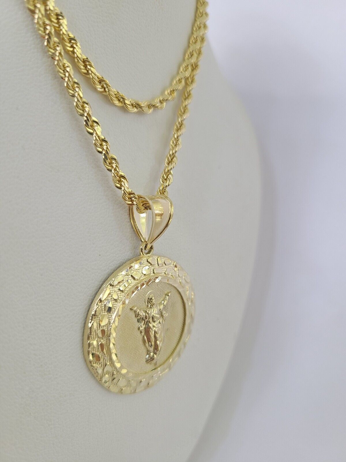 10k 3mm Rope Chain Nugget Medallion Guadalupe Pendant 18" - 30" Set Charm Necklace - GoldenlinQ