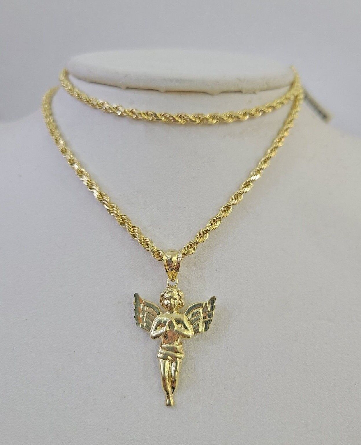 10k 3mm Rope Chain Praying Angel Pendant 18" - 30" Yellow Gold Set Charm Necklace - GoldenlinQ