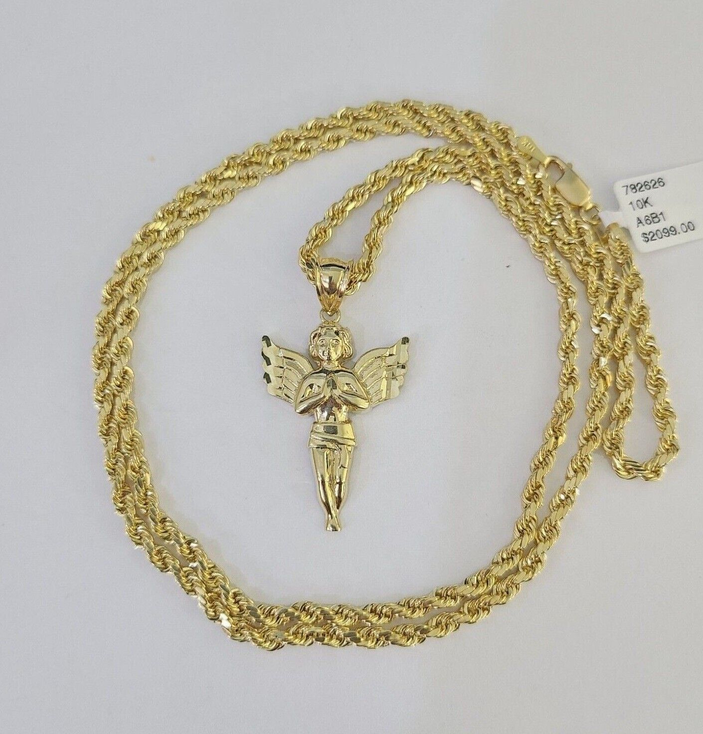 10k 3mm Rope Chain Praying Angel Pendant 18" - 30" Yellow Gold Set Charm Necklace - GoldenlinQ